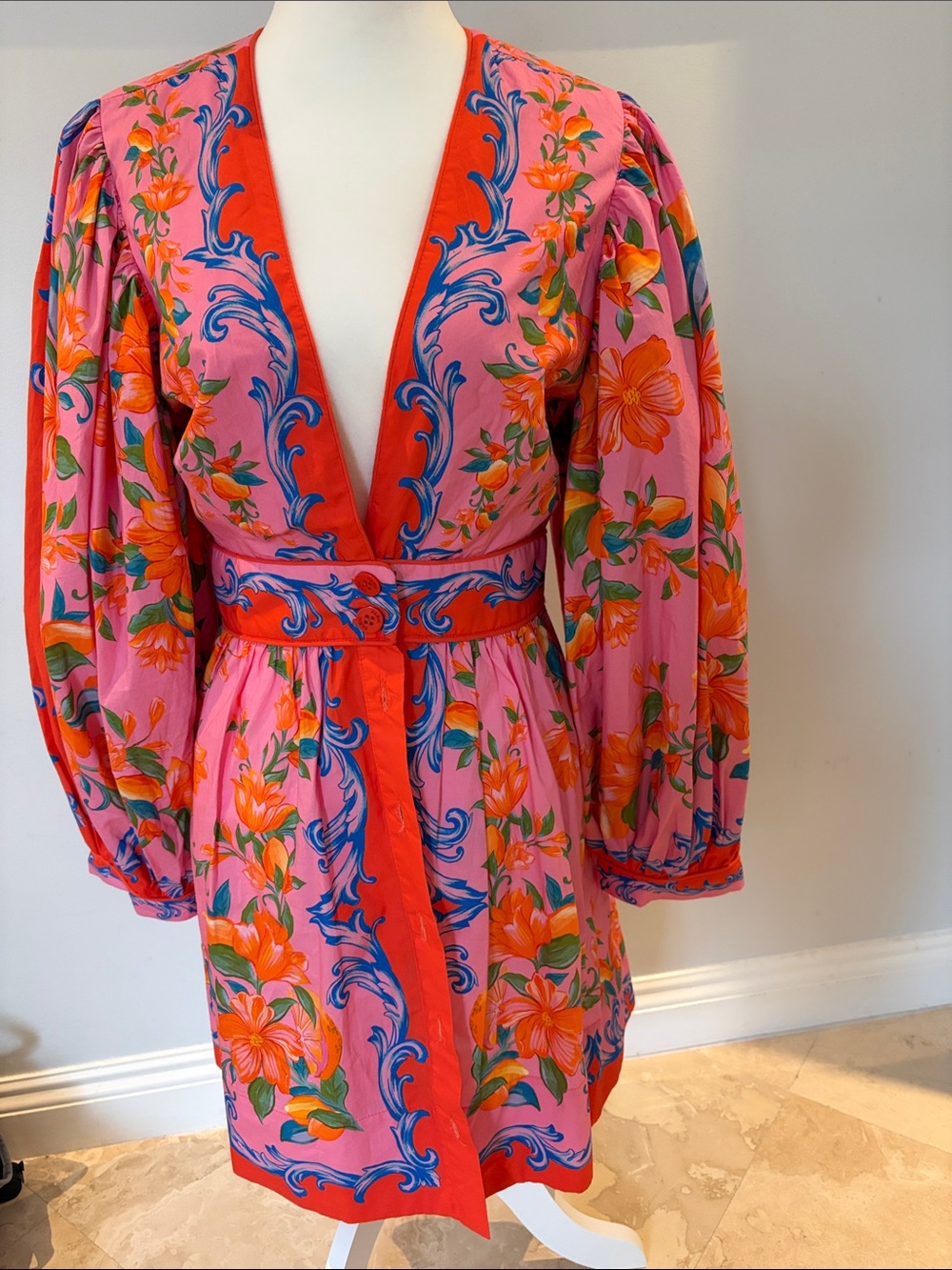 FARM Rio Pink & Red Floral V-Neck Puff Sleeve Mini Dress